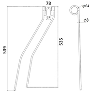DENT FANEUR 9443280 CLAAS BAUTZ ANDAINEUR ADAPTABLE LONG.539 LARG.78 DIAM SPIRE.64 FIL.8