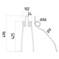 DENT DE HERSE ETRILLE GAUCHE 4101811410 LELY LONG.496 LARG.102 DIAM SPIRE.66 FIL.9