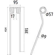 DENT FANEUR GAUCHE PZ339 VICON 41435 FRANSGARD ANDAINEUR ADAPTABLE LONG.414 LARG.95 DIAM SPIRE.57 FIL.9