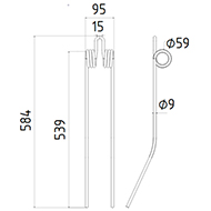 DENT FANEUR 16600420 DEUTZ FAHR VICON PZ356 ZWEEGERS PEZET ANDAINEUR ADAPTABLE LONG.584 LARG.95 DIAM SPIRE.59 FIL.9