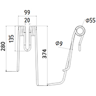 DENT GAUCHE FANEUR 4104611390 LELY ANDAINEUR ADAPTABLE LONG.374 LARG.99 DIAM SPIRE.55 FIL.9