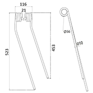 DENT FANEUR DROITE A17566 AX JOHN DEER ANDAINEUR ADAPTABLE LONG.523 LARG.116 DIAM SPIRE.56 FIL.10