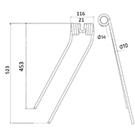 DENT FANEUR GAUCHE A17564 AX JOHN DEER ANDAINEUR ADAPTABLE LONG.523 LARG.116 DIAM SPIRE.56 FIL.10