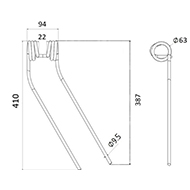 DENT FANEUR DROITE 927122 CLAAS/BAUTZ 38020016 ANDAINEUR ADAPTABLE GIROFANEUR LONG.410 LARG.94 DIAM SPIRE.63 FIL.9,5