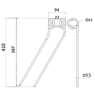 DENT FANEUR GAUCHE 927123 CLAAS/BAUTZ 38020017 ANDAINEUR ADAPTABLE GIROFANEUR LONG.410 LARG.94 DIAM SPIRE.63 FIL.9,5