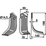 LAME DE ROTAVATOR DROITE ALPEGO D01590 DENT 80X8X190 EA57 TROU 14,5 ADAPTABLE