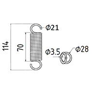RESSORT DE TRACTION DIAMETRE 28 FIL.3,5 LONGUEUR TOTALE 114 DIAM. CROCHETS 21