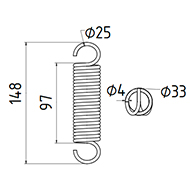 RESSORT DE TRACTION DIAMETRE 33 FIL.4 LONGUEUR TOTALE 148 DIAM. CROCHETS 25